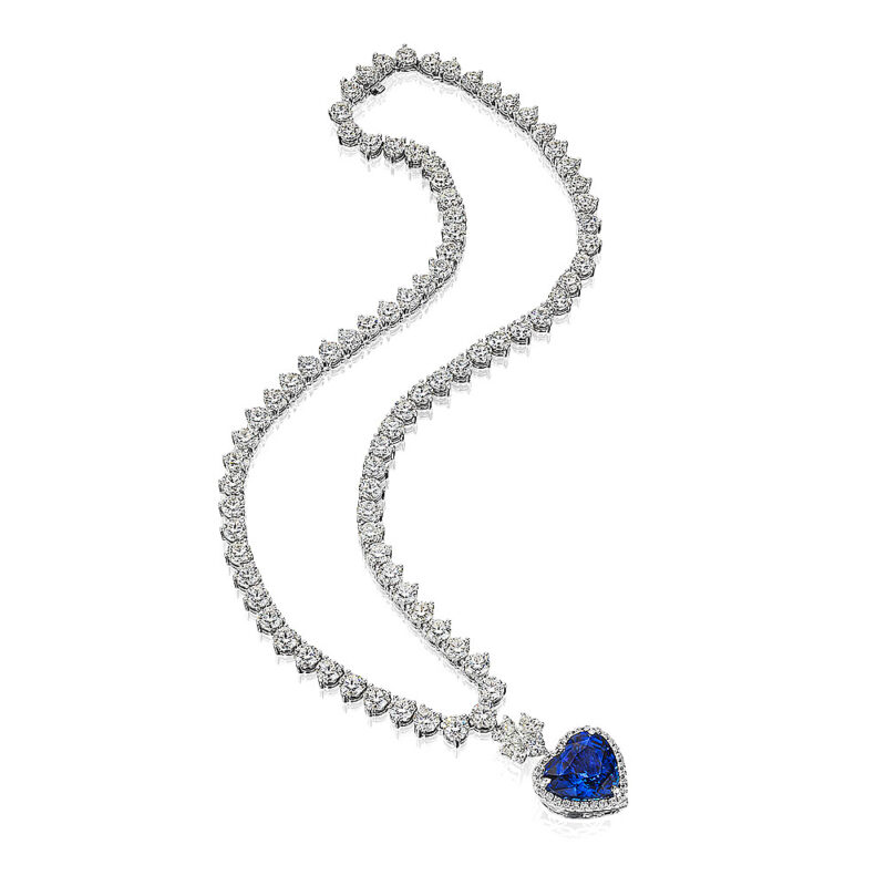 Heart Shape Sapphire & Round Diamond Tennis Necklace