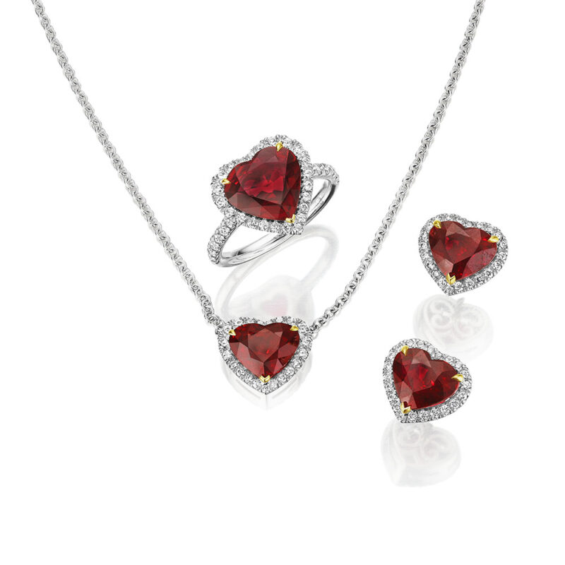 6.42ctw Heart Shape Ruby & Round Diamond Halo Earrings
