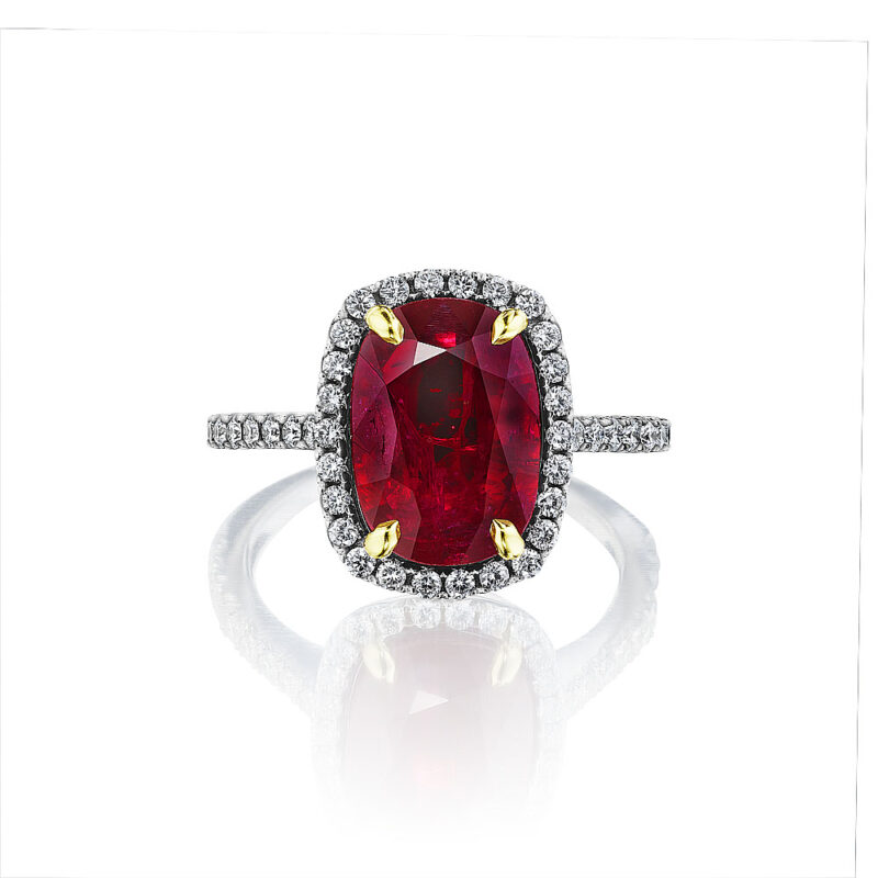 Cushion Ruby & Round Diamond Halo Ring