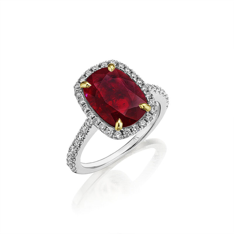 Cushion Ruby & Round Diamond Halo Ring
