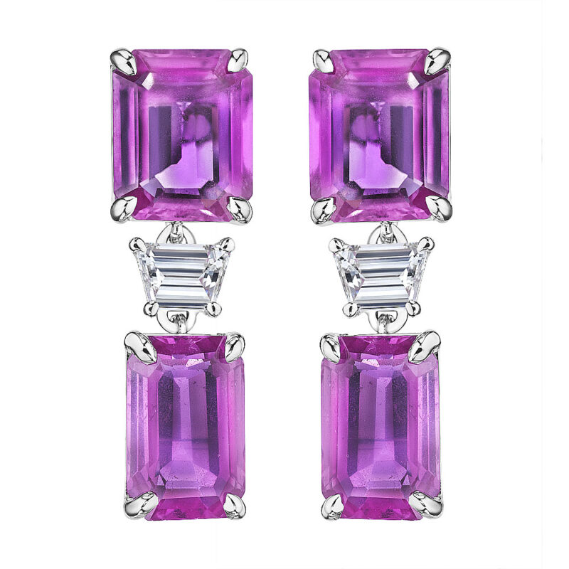 Pink Sapphire Emerald Cut & Diamond Trapezoid Earrings