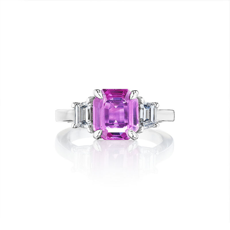 Emerald Cut Pink Sapphire & Trapezoid Diamond Ring