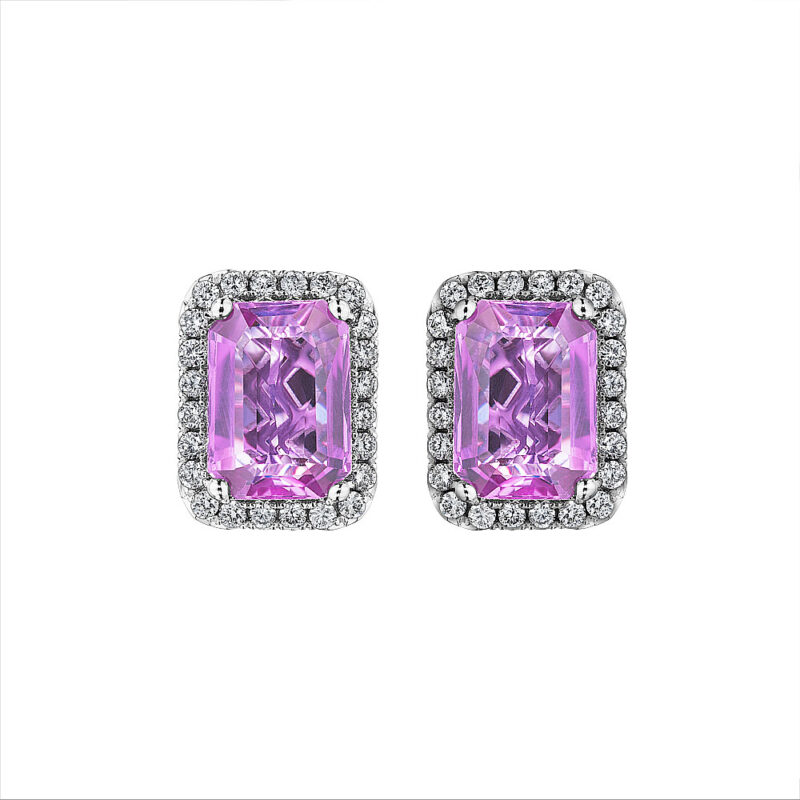 Emerald Cut Pink Sapphire & Diamond Halo Earrings