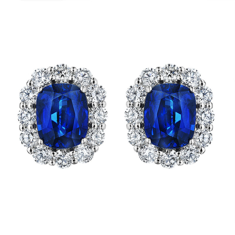 Cushion Cut Sapphire & Round Diamond Halo Earrings