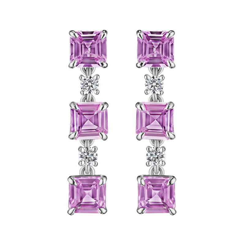 6.95ct Asscher Cut Pink Sapphire & round Diamond Earrings