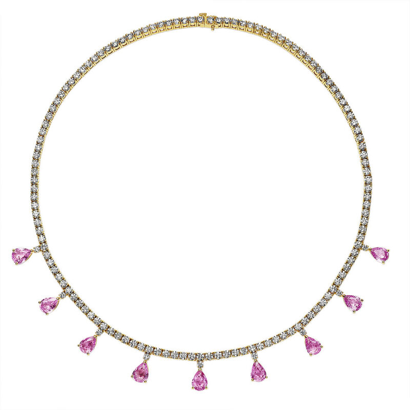 Pear Shape Pink Sapphire & Round Diamond Necklace