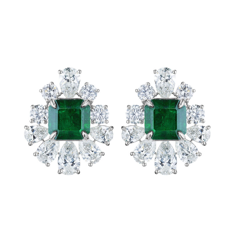 15.63ct Green Emerald Asscher Cut & GIA Pear Diamond Earrings
