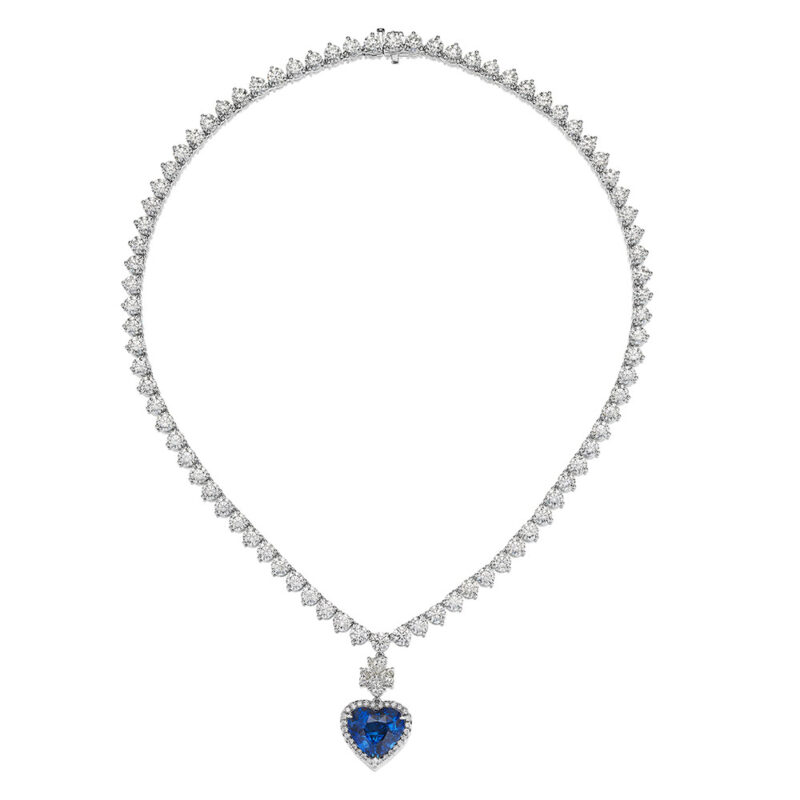 Heart Shape Sapphire & Round Diamond Tennis Necklace
