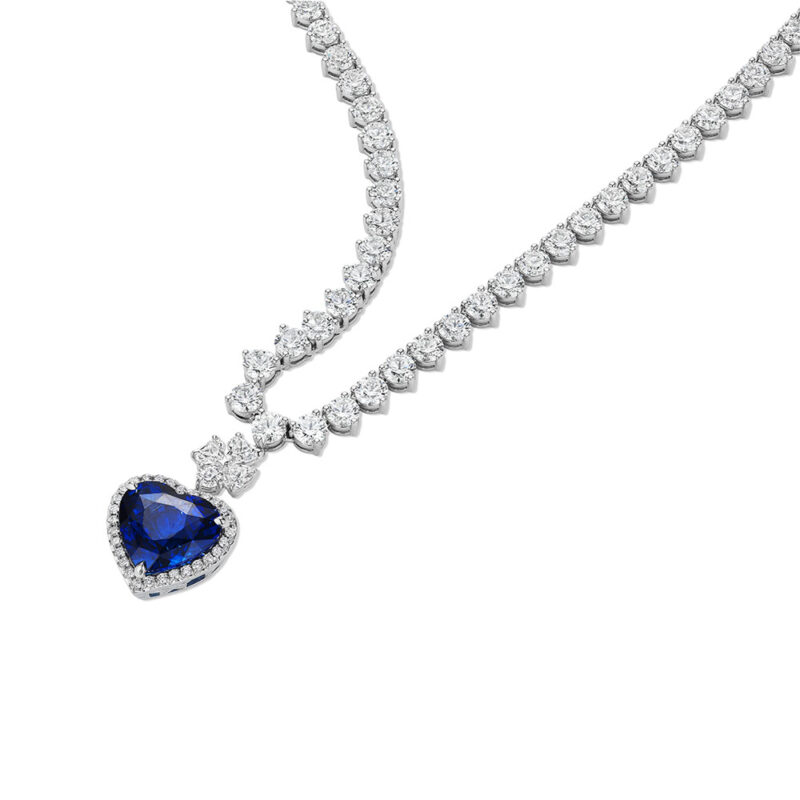 Heart Shape Sapphire & Round Diamond Tennis Necklace