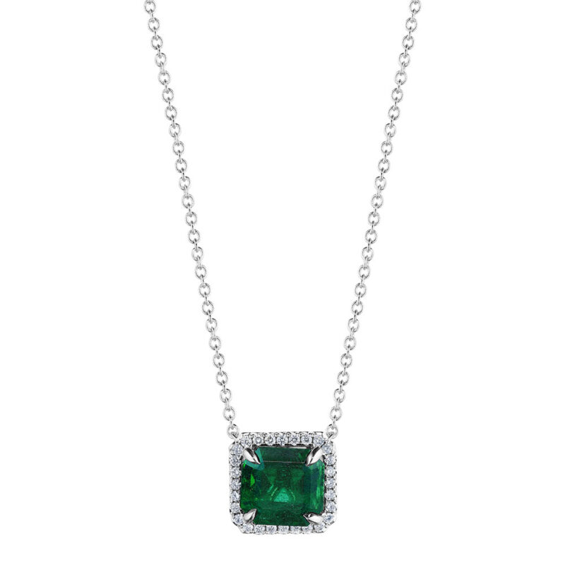 Square Emerald & Diamond Halo Pendant