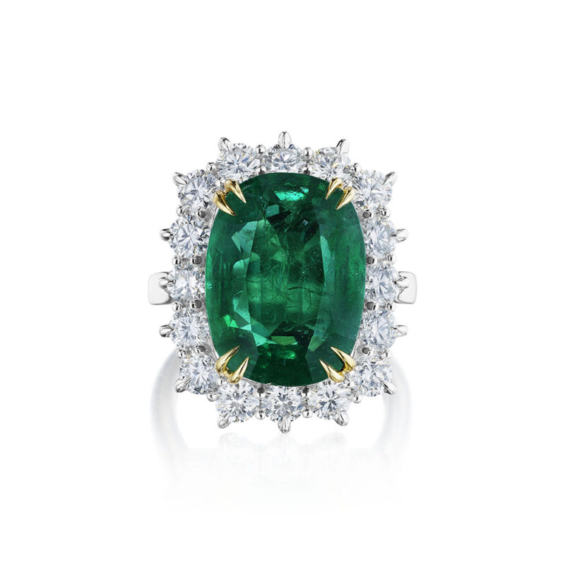 Cushion Emerald & Diamond Halo Ring