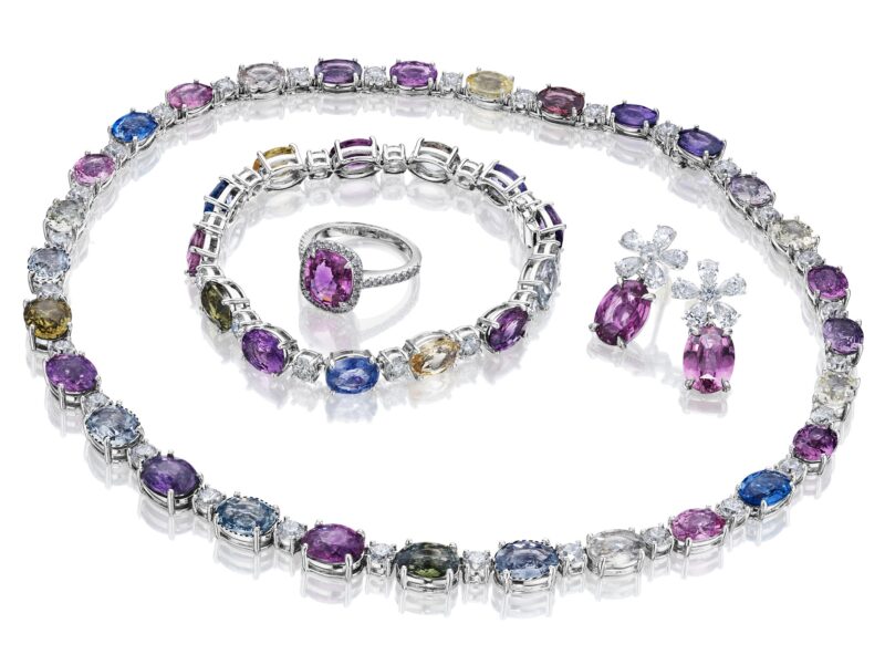 Multi Color Sapphire & Round Diamond Necklace