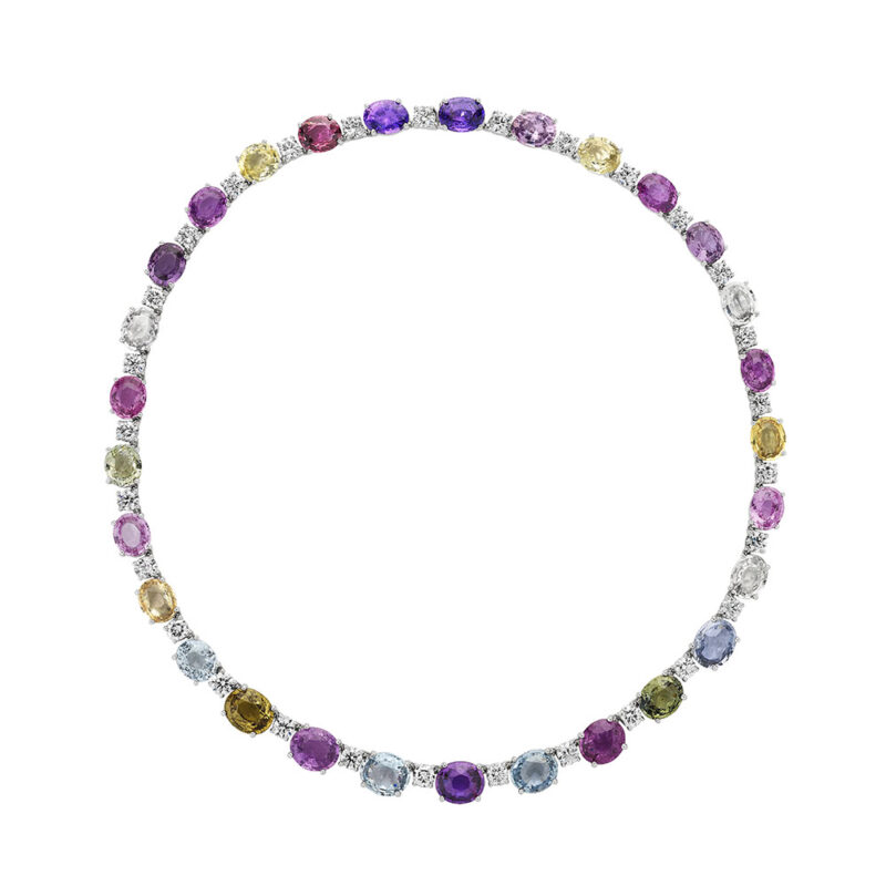 Multi Color Sapphire & Round Diamond Necklace