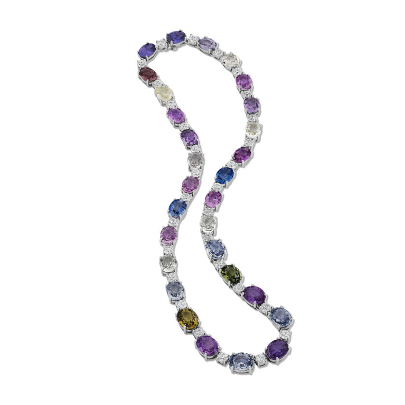 Multi Color Sapphire & Round Diamond Necklace