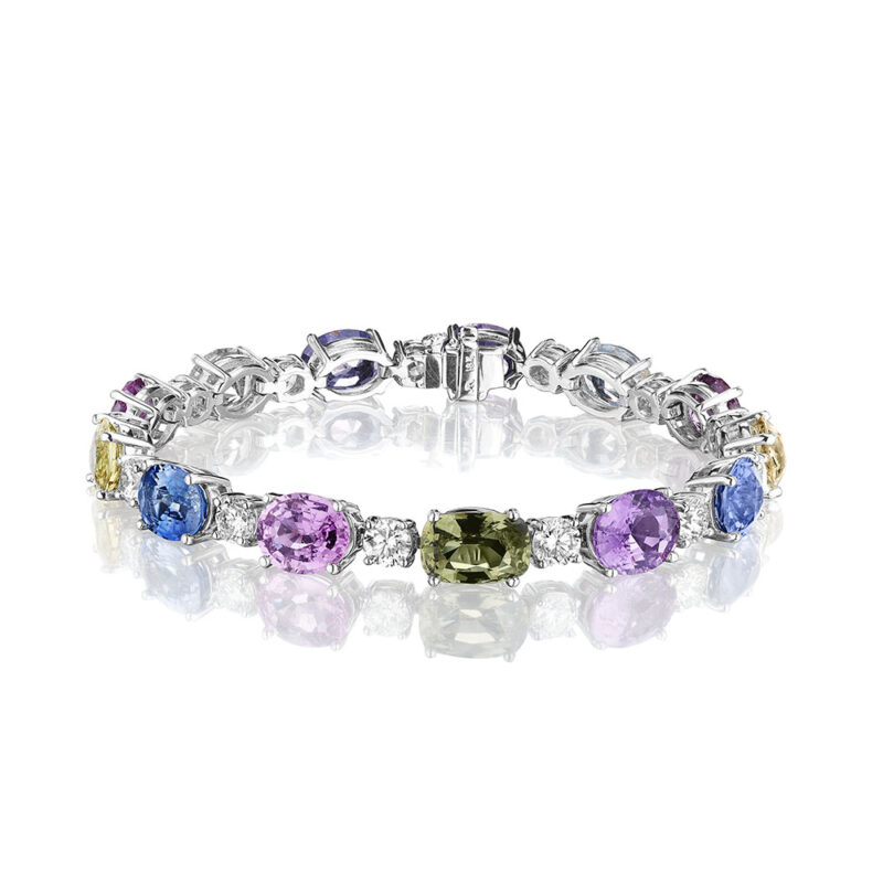 Multi Color Oval Sapphire & Round Diamond Bracelet
