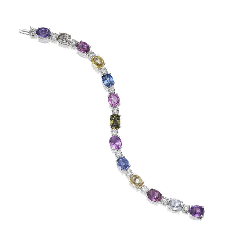 Multi Color Oval Sapphire & Round Diamond Bracelet