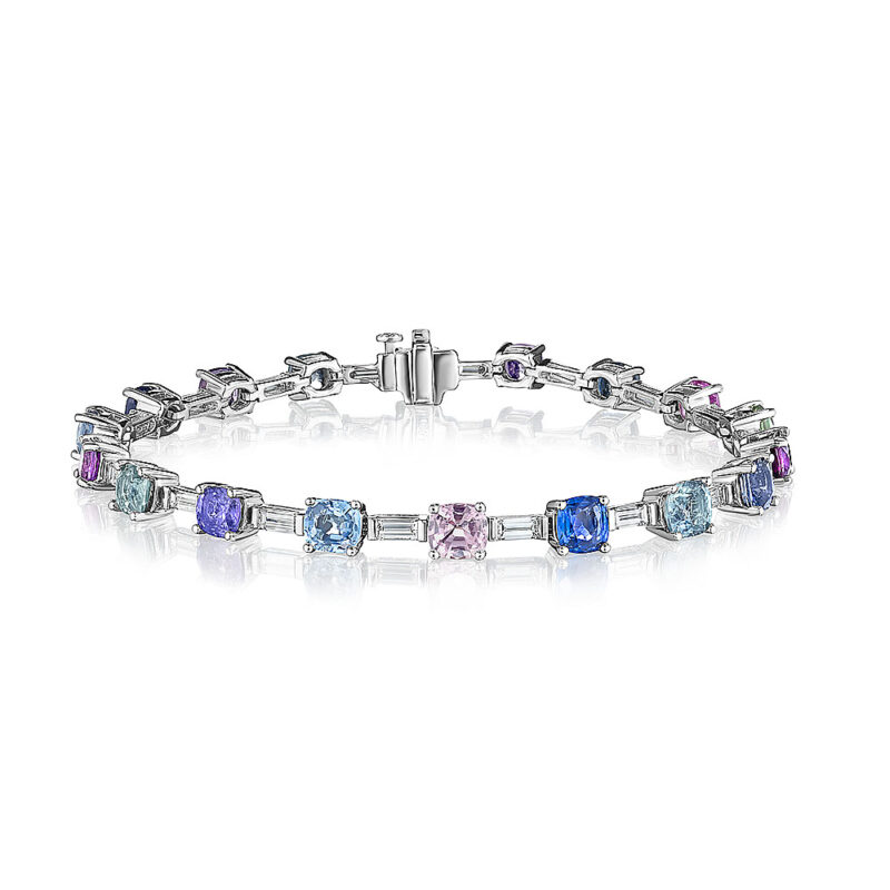 Multi Color Cushion Sapphire & Baguette Diamond Bracelet