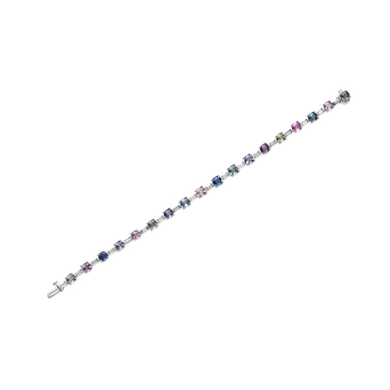 Multi Color Cushion Sapphire & Baguette Diamond Bracelet