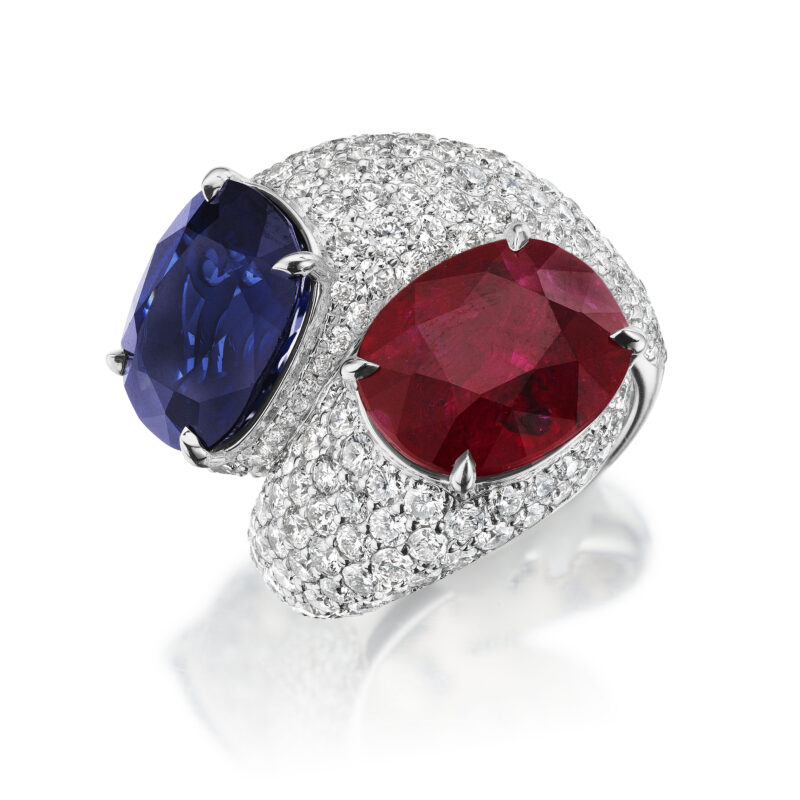 Cushion Cut Ruby & Sapphire Bypass Ring