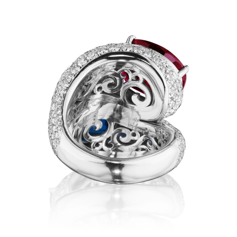Cushion Cut Ruby & Sapphire Bypass Ring