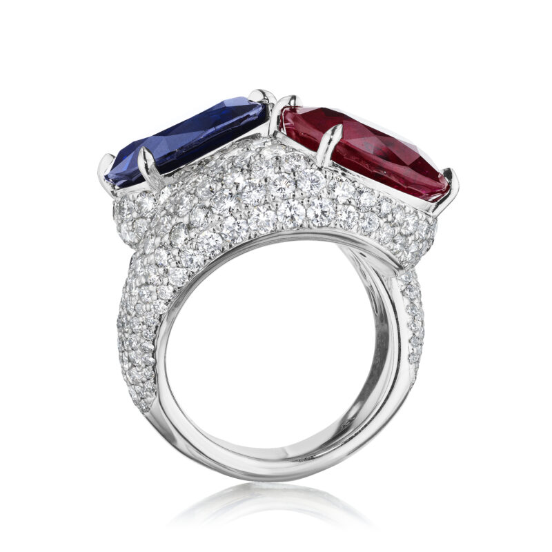 Cushion Cut Ruby & Sapphire Bypass Ring