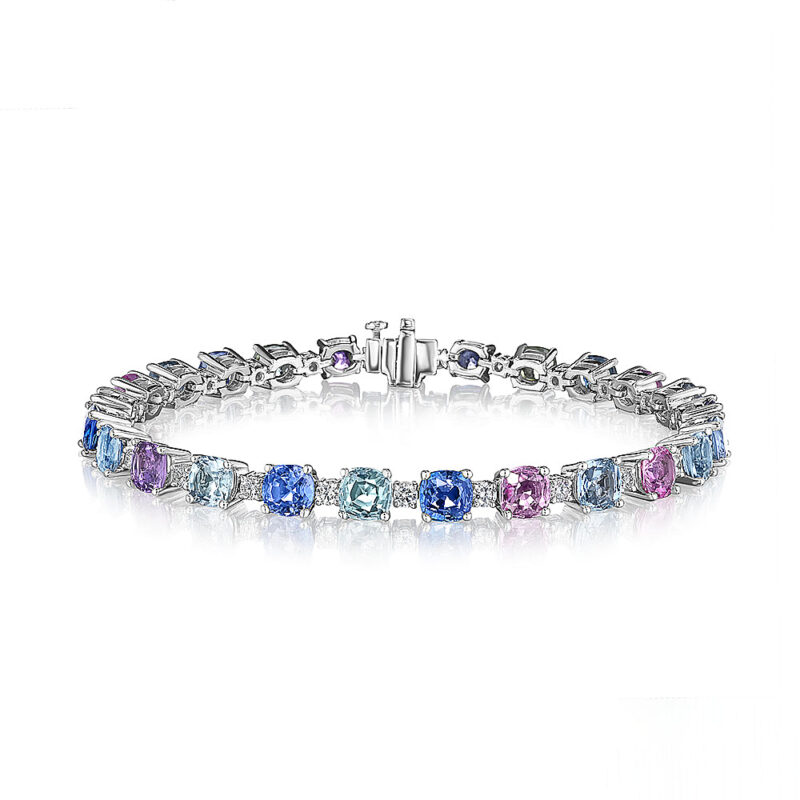 Multi Color Cushion Sapphire & Round Diamond Bracelet