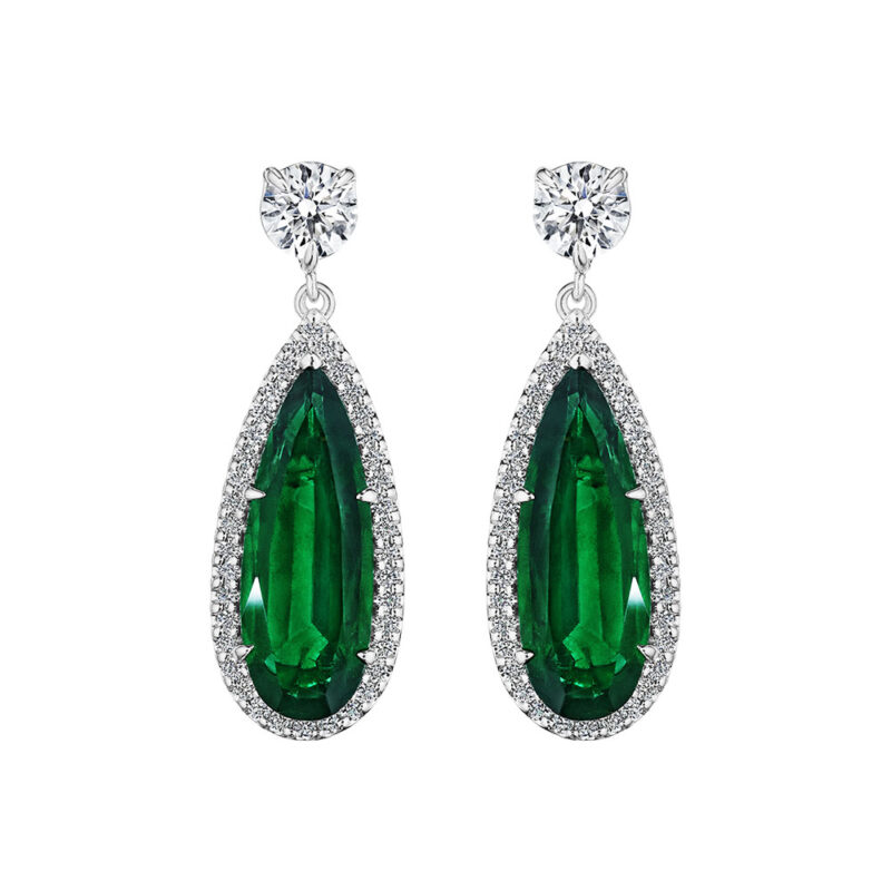 12.87ct Pear Shape Emerald & Round Diamond Earrings