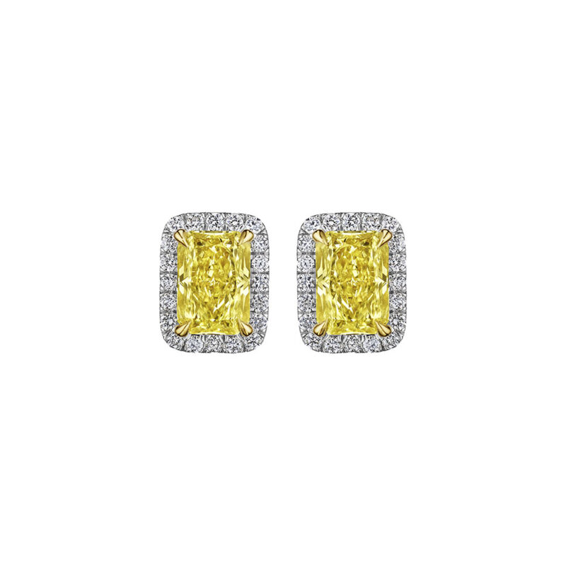 2.83ct GIA Certified Fancy Yellow Radiant Diamond Halo Earrings