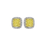 4.24ct GIA Certified Fancy Yellow Cushion & Round Diamond Earrings