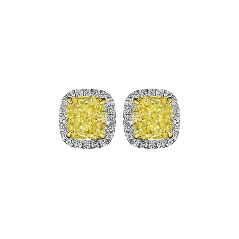 4.24ct GIA Certified Fancy Yellow Cushion & Round Diamond Earrings