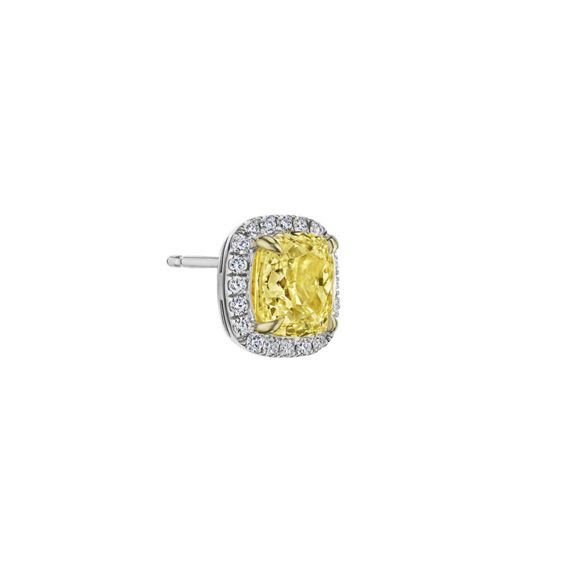 4.24ct GIA Certified Fancy Yellow Cushion & Round Diamond Earrings