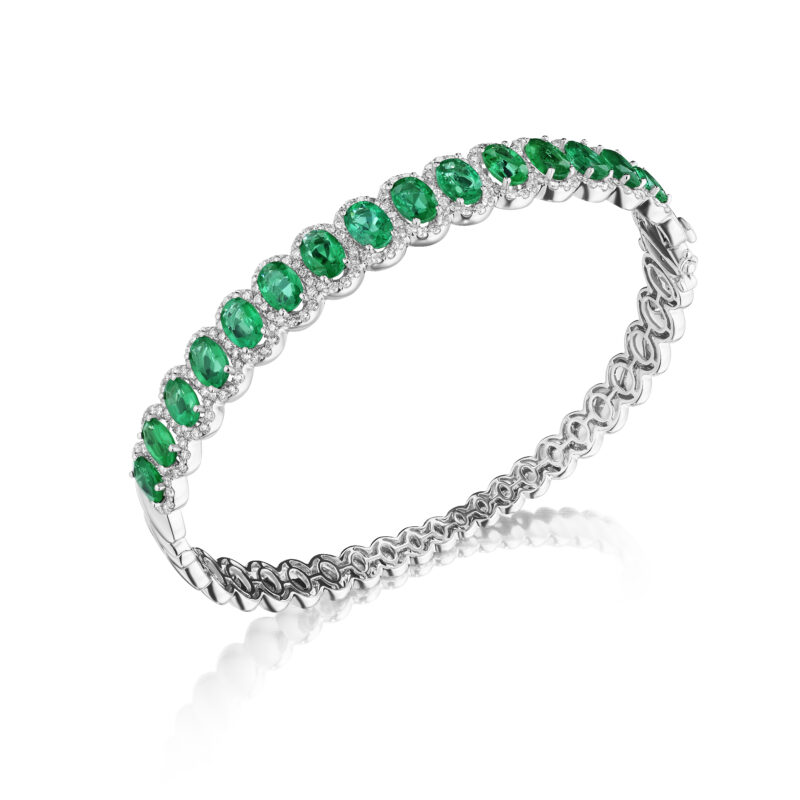 Oval Emerald & Round Diamond Bangle