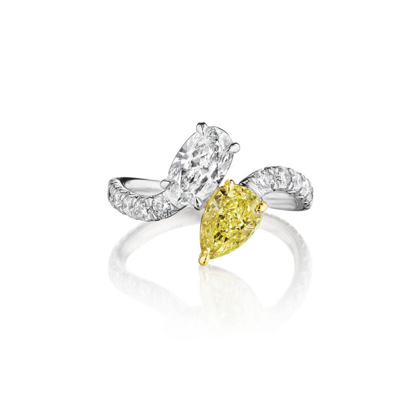 Oval & Pear Shape White & Fancy Yellow Diamond Bypass Ring