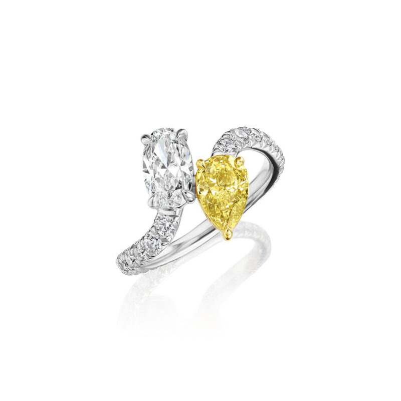 Oval & Pear Shape White & Fancy Yellow Diamond Bypass Ring