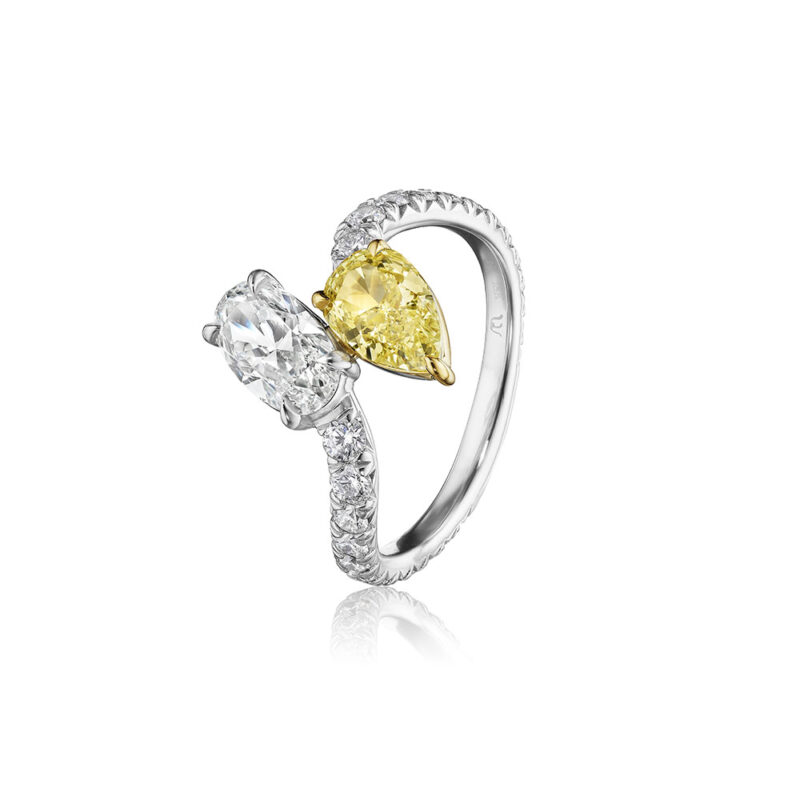 Oval & Pear Shape White & Fancy Yellow Diamond Bypass Ring