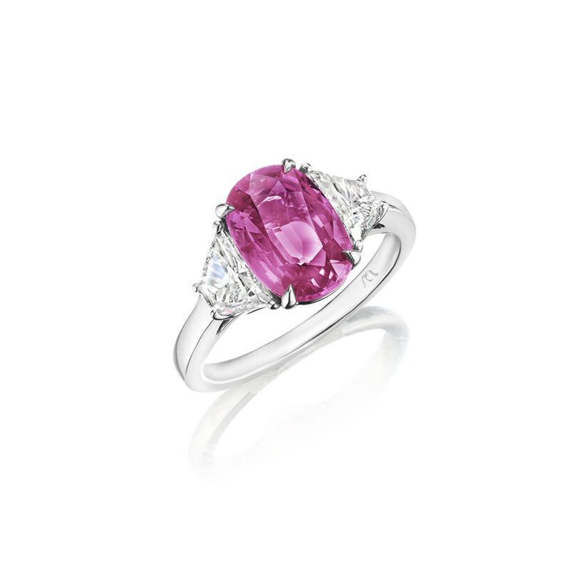 3.84ct Pink Oval Sapphire & Trapezoid Diamond Ring