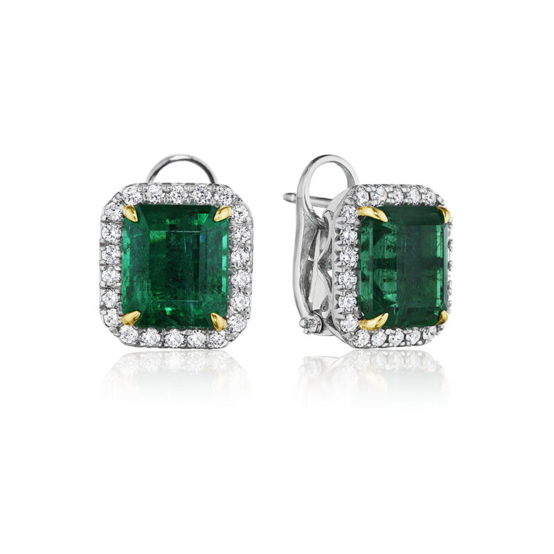 10.65ct Emerald Cut Emerald & Diamond Halo Earrings