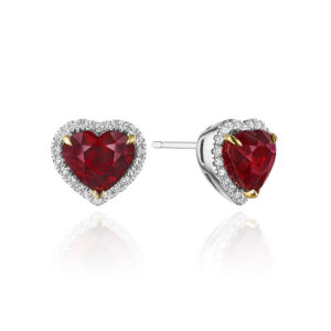 6.42ctw Heart Shape Ruby & Round Diamond Halo Earrings