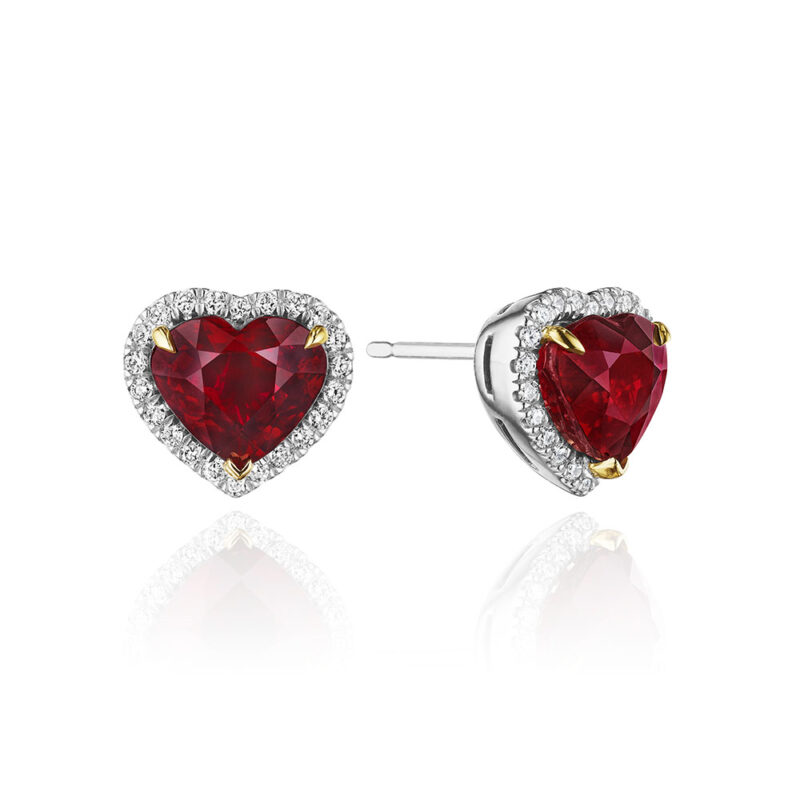 6.42ctw Heart Shape Ruby & Round Diamond Halo Earrings