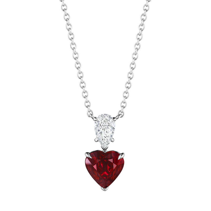 3.77ct Heart Shape Ruby & Pear Shape Dimond Pendant in Platinum
