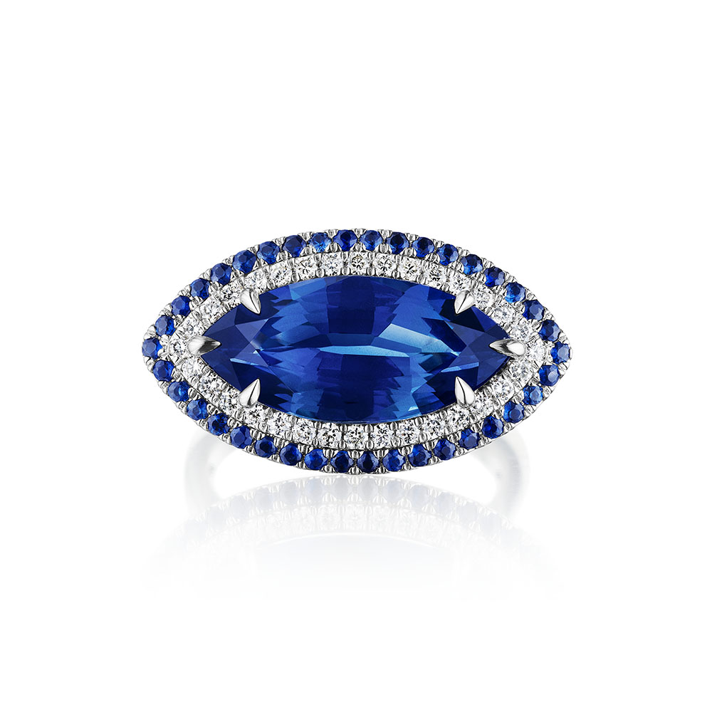 6.82ct Marquise Sapphire & Round Diamond Double Halo Ring