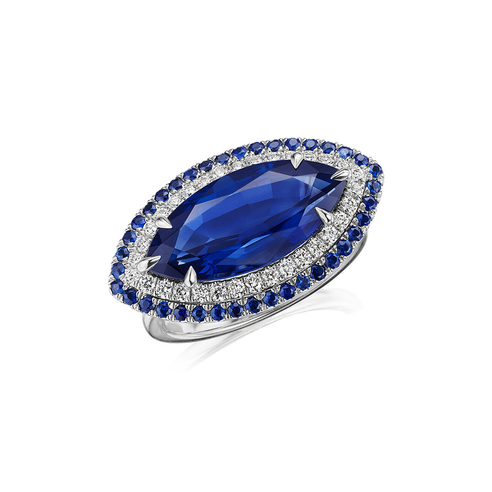 6.82ct Marquise Sapphire & Round Diamond Double Halo Ring