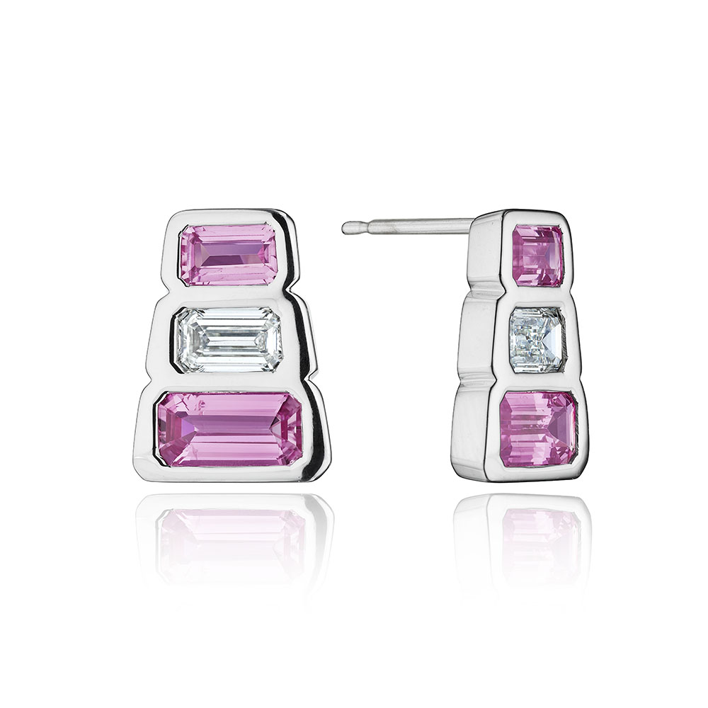 3.84ct Pink Sapphire Baguette & White Emerald Cut Diamond Bezel Set Earrings in 18K Gold