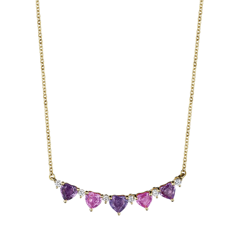 4.47ct Pink & Purple Heart Shape Sapphire & Round Diamond Necklace in Yellow Gold