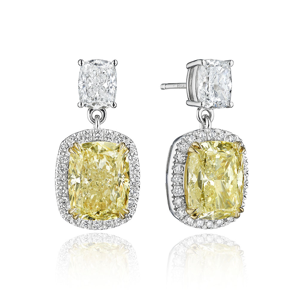 10.58ct Fancy Yellow Cushion Cut & Round Diamond GIA Certified Earrings