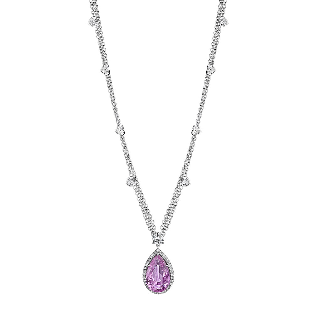Pear Shape Pink Sapphire & Heart Shape Diamond Necklace in 18k Gold