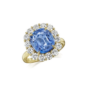 6.99ct Cornflower Blue Cushion Cut Sapphire & Round Diamond Ring in 18K Yellow Gold