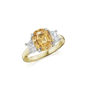 3.79ct Yellow Oval Sapphire & Trapezoid Diamond Ring in 18K Yellow Gold