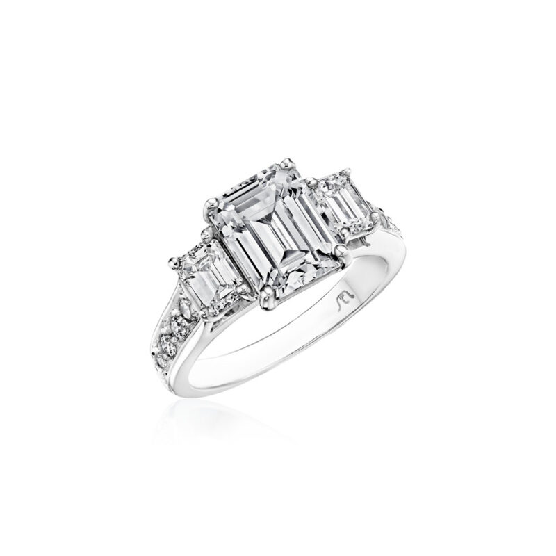 Perfect Twogether® 3 Stone Emerald Cut Diamond Ring with Pavé Shank