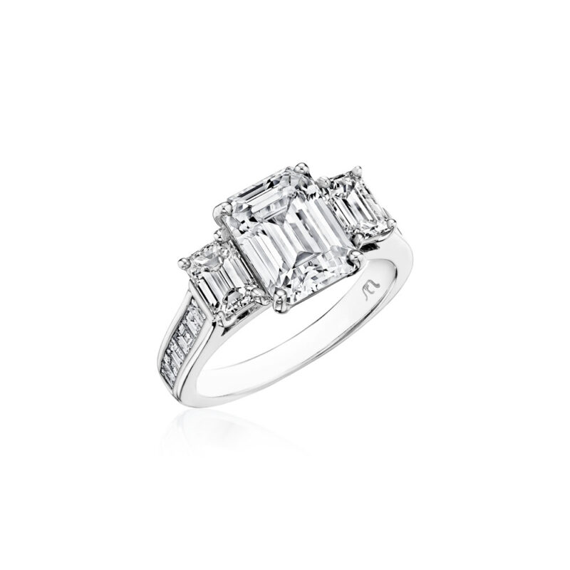 Perfect Twogether® 3 Stone Emerald Cut Diamond Ring with Channel Shank